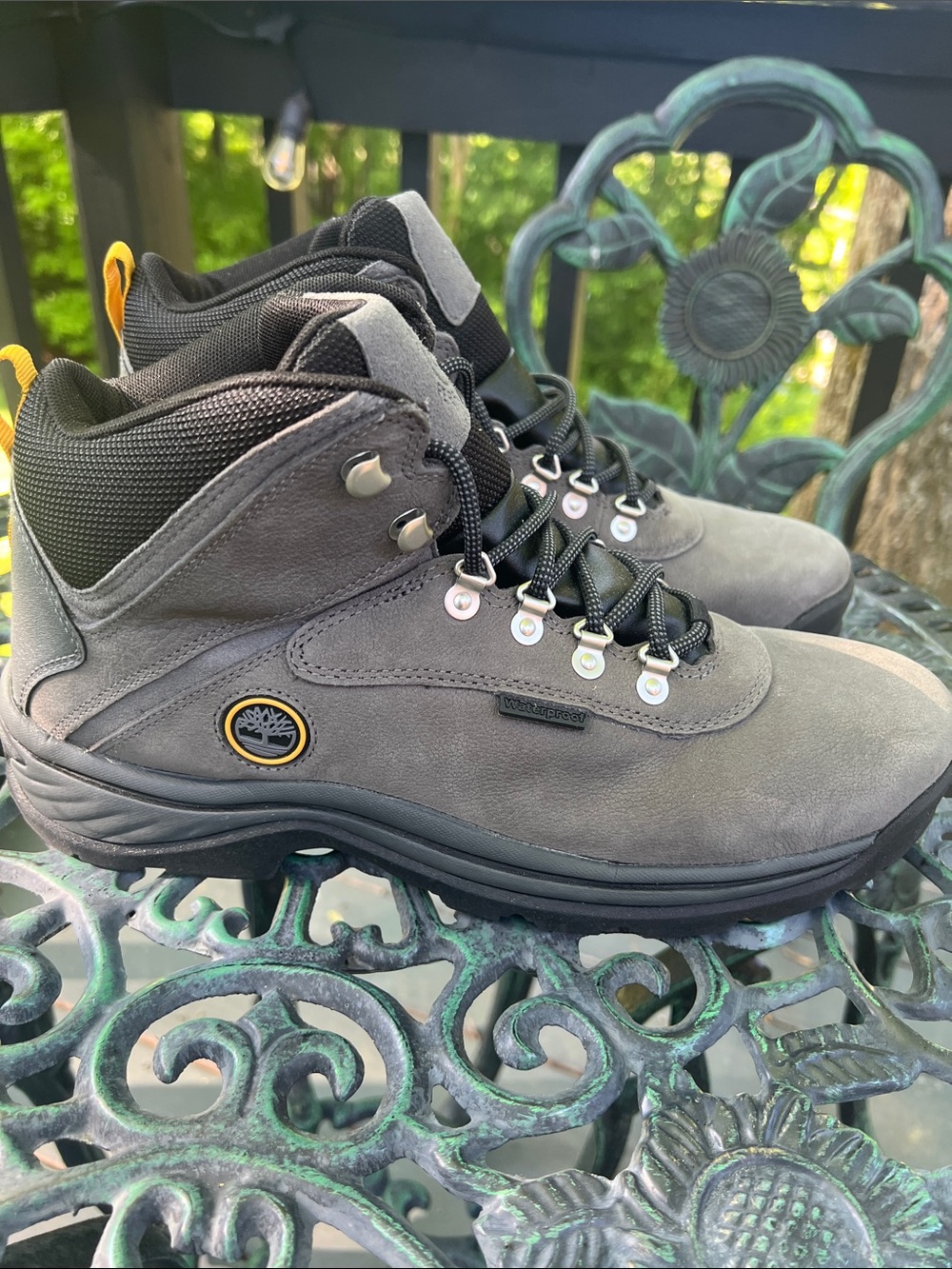 Timberland Gray and Black Men's Waterproof Hiking Boots with Yellow Accents
